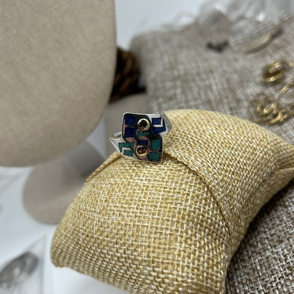 💍 Vintage CCO Coleman Turquoise Lapis Ring - Silver, 14K, Size 7 - Picture 9 of 15